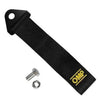 Black heavy-duty bumper tow hook with a rope for vehicle recovery