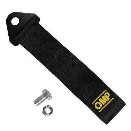 Black heavy-duty bumper tow hook with a rope for vehicle recovery