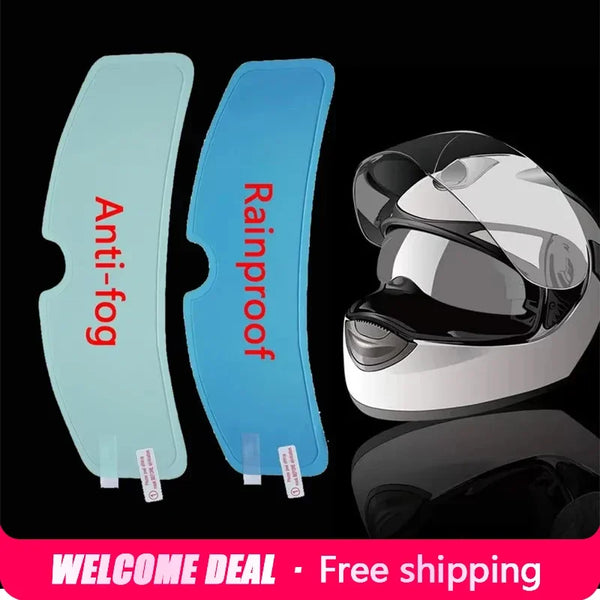 Anti-fog and rain-repellent film for a motorcycle helmet visor shown in various colors