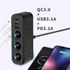 A black multi-port DC car charger adapter featuring QC3.0, USB 3.1A, and PD 3.1A ports, shown next to a smartphone.