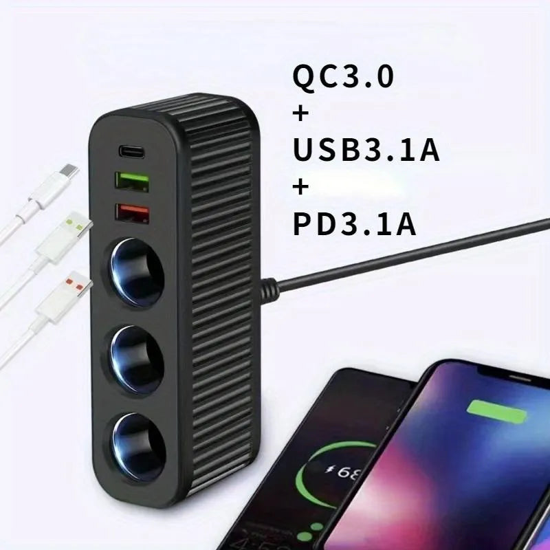 A black multi-port DC car charger adapter featuring QC3.0, USB 3.1A, and PD 3.1A ports, shown next to a smartphone.