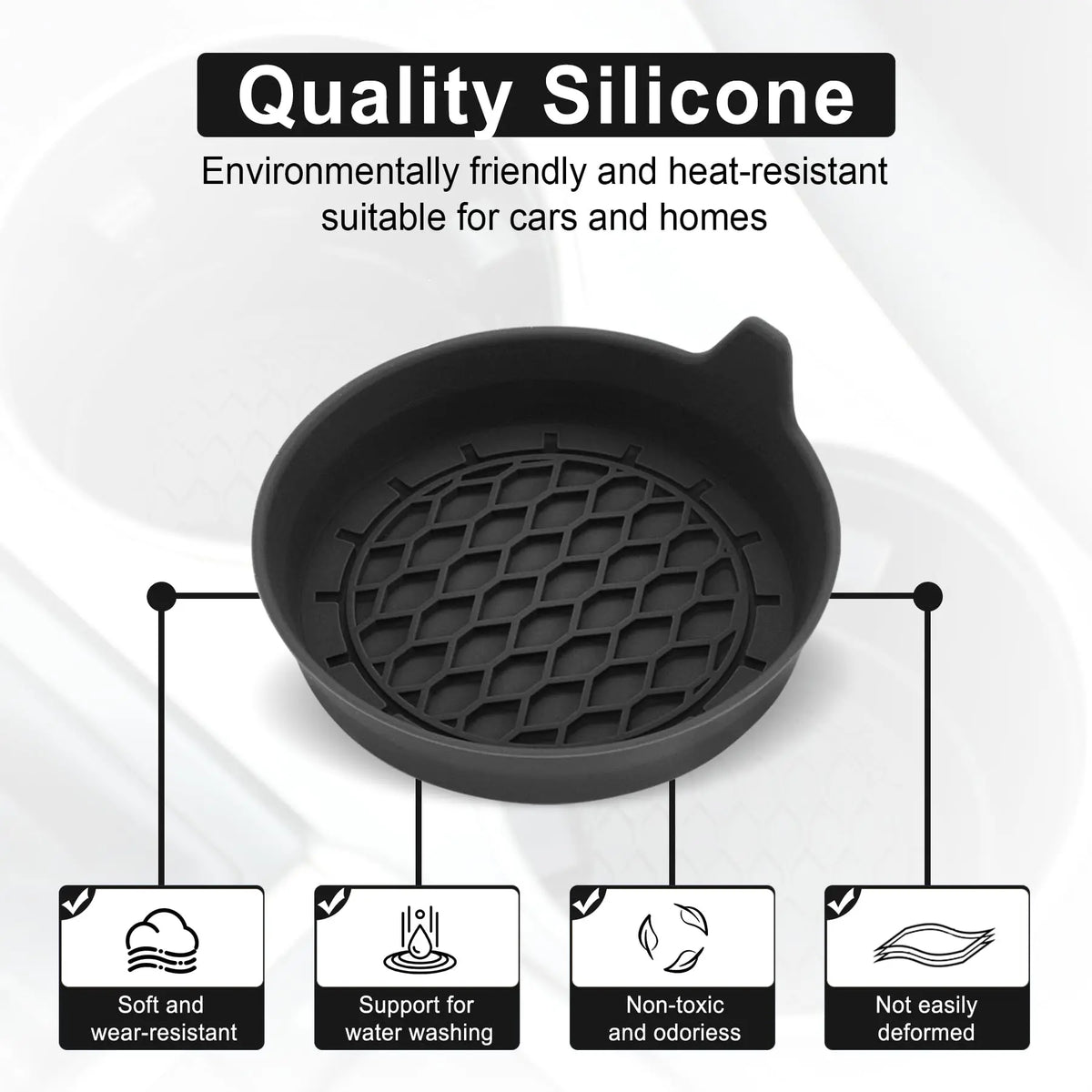 Black silicone cup holder coaster set showing various features like soft wear resistance and heat resistance