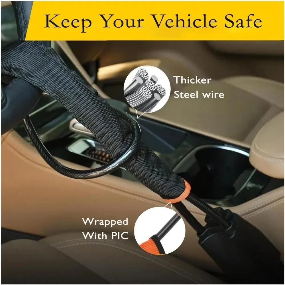A close-up of a vehicle steering wheel lock featuring thicker steel wire wrapped with PIC for anti-theft protection.
