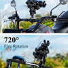 A heavy-duty motorcycle phone mount with a fork stem base is shown in a close-up view, demonstrating 720 degree free rotation