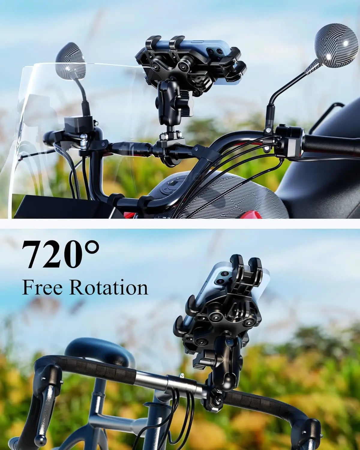 A heavy-duty motorcycle phone mount with a fork stem base is shown in a close-up view, demonstrating 720 degree free rotation
