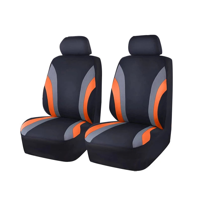 Black car seat covers with orange accents shown from the side.