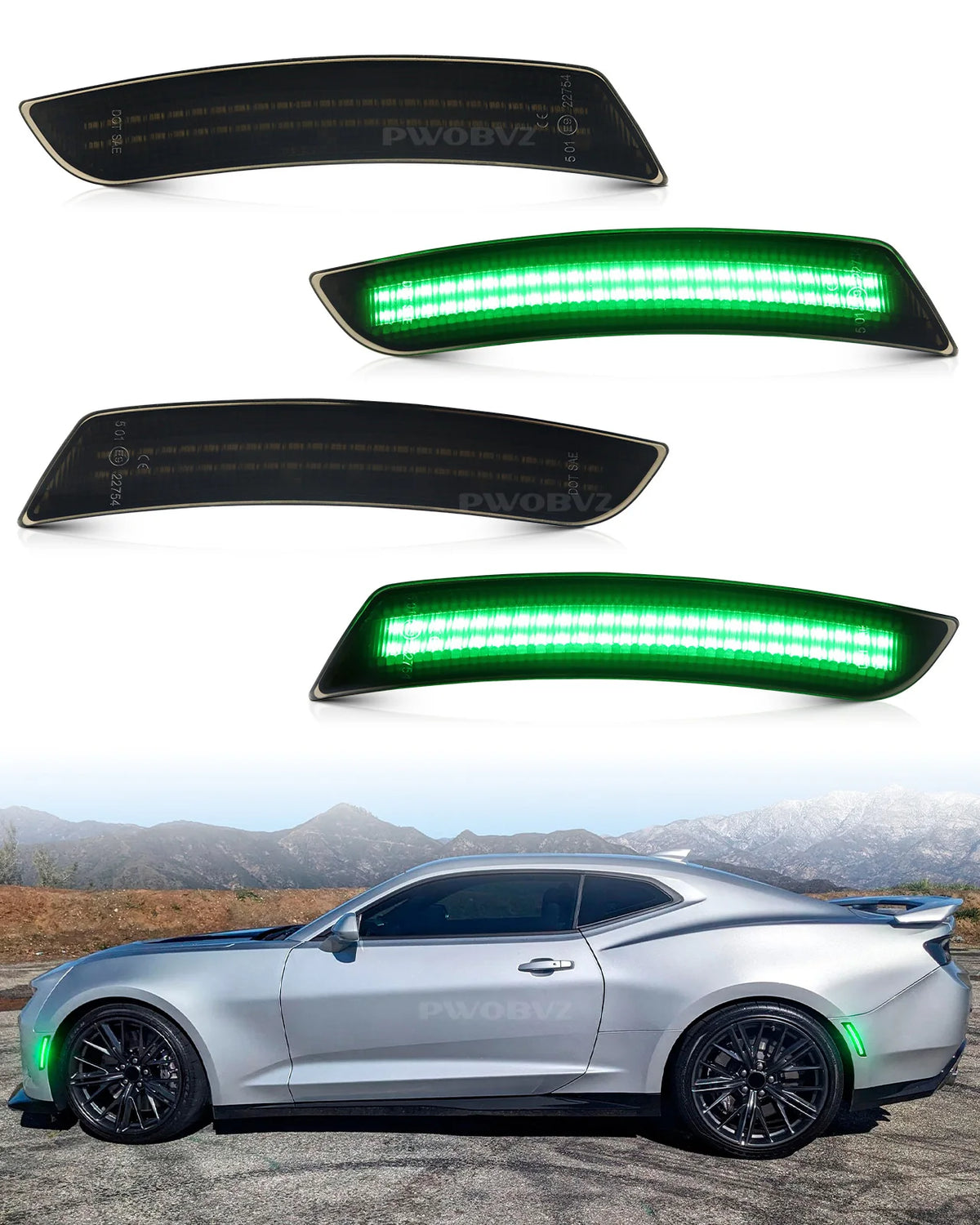 Close-up view of green LED turn signal lights installed on a silver Camaro or Cadillac vehicle.