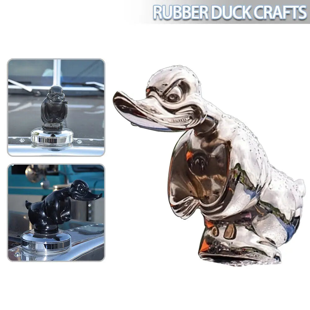 A detailed rubber duck craft resembling an angry duck hood ornament for a vehicle.
