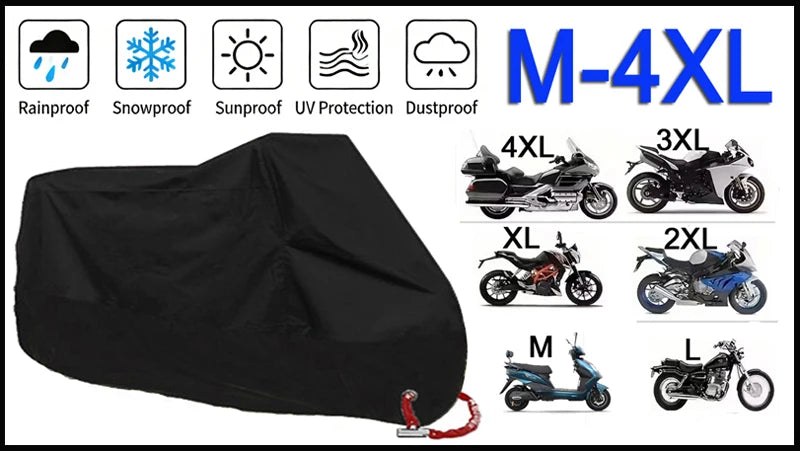 Black all-weather motorcycle cover shown with various size options and protection features