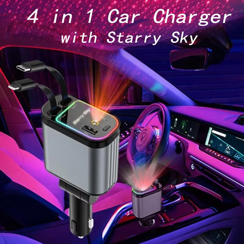 Ein 4-in-1 Sternen-Himmel-Auto-Ladegerät, das in die Zigarettenanzündersteckdose eines Autos gesteckt ist.