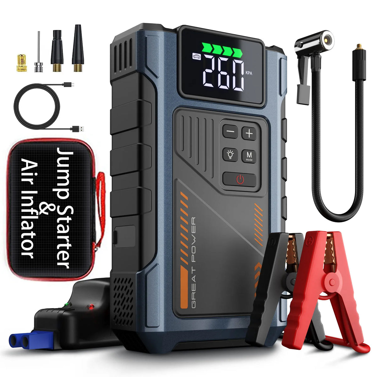 A heavy-duty portable car jump starter and tire inflator device in gray and black with accessories.