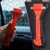 A hand holds an orange heavy-duty emergency window breaker and seatbelt cutter against a car window.
