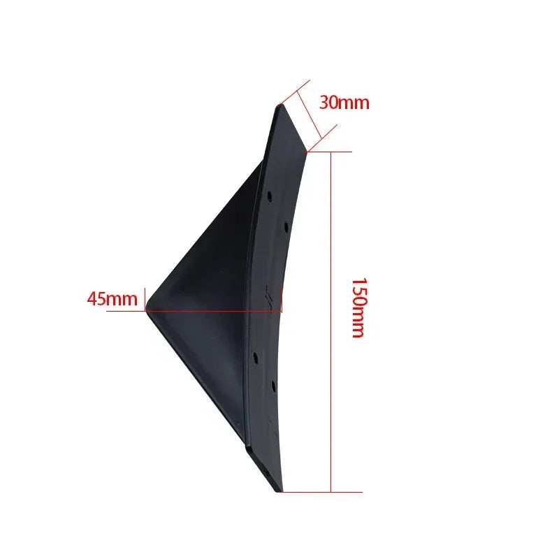 Black ABS plastic universal rear bumper spoiler lip kit shown in a side view with dimensions.