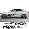 Silver sedan featuring black flame racing stripe vinyl decals on the side and a separate graphic of flames.