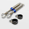 A close-up view of an automatic car trunk lid lifter spring with a silver metal hook and blue plastic housing.