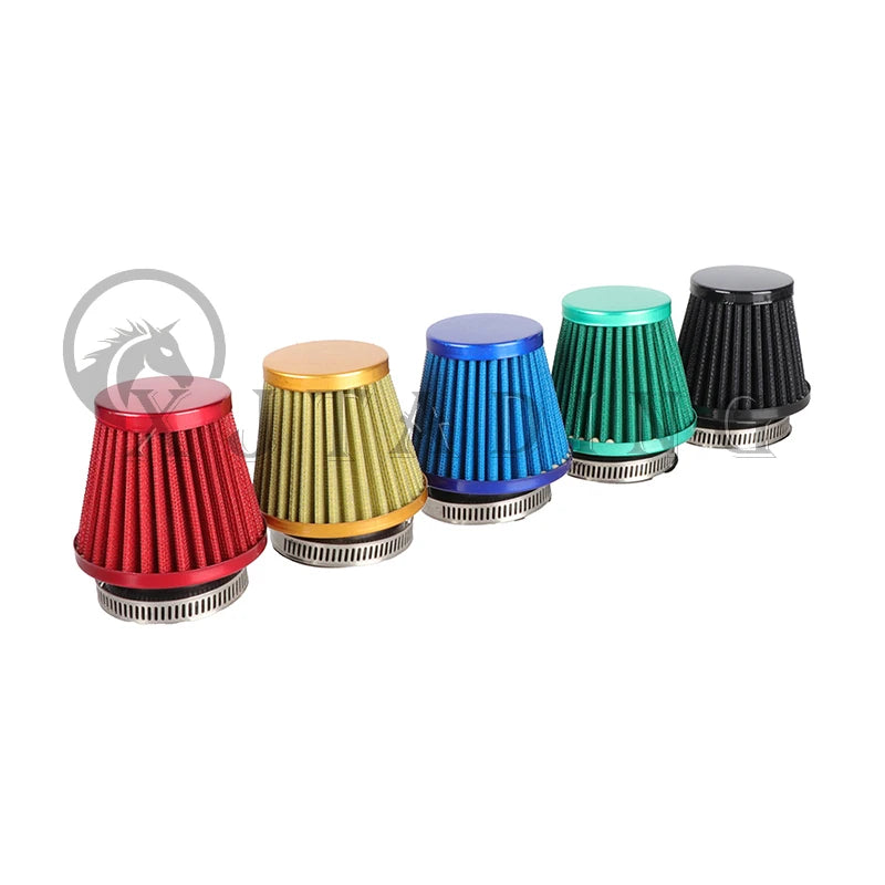 Collection de kits d'induction pour filtres de moto de différentes couleurs avec filtres plissés.
