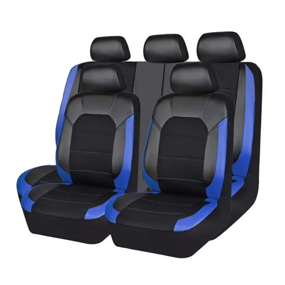 A set of nine black PU leather breathable car seat covers for SUV and sedan.