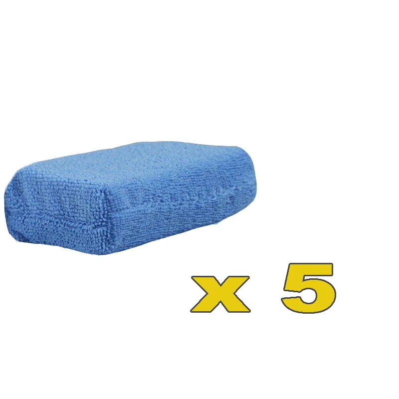 Five blue microfiber car wax applicator pads for polishing and waxing.