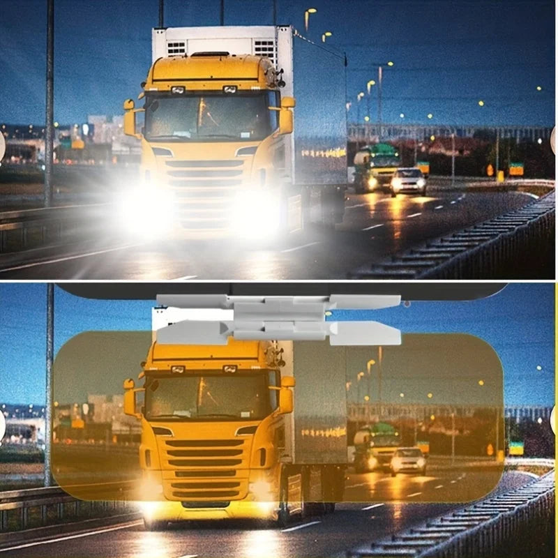 A yellow truck with a dual-function anti-glare car sun visor illuminating the road at night.
