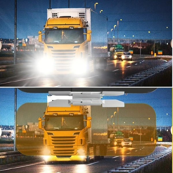 A yellow truck with a dual-function anti-glare car sun visor illuminating the road at night.
