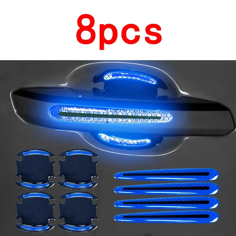 Eight reflective blue stickers designed to protect car door handles and provide visibility.