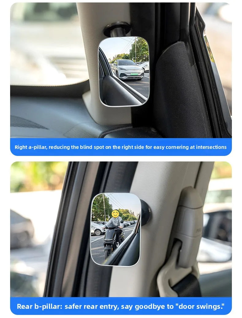 A car interior view showing a rear-view mirror and a side-view mirror with an adjustable pillar for blind spot reduction.