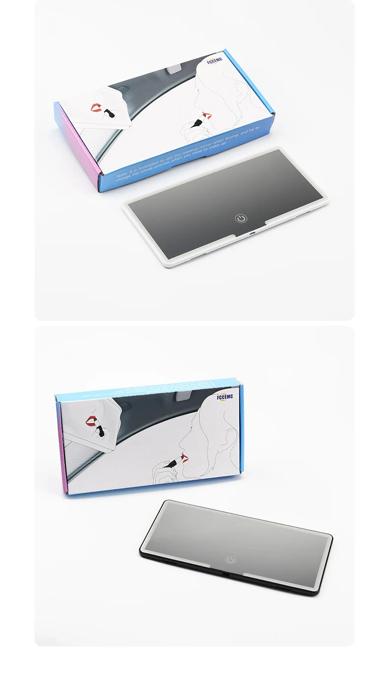A compact HD touch screen car makeup mirror with a protective box shown next to the device.