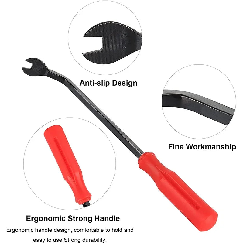 A precision plastic trim and rivet removal tool kit showing various tools including an anti-slip design, a fine workmanship t