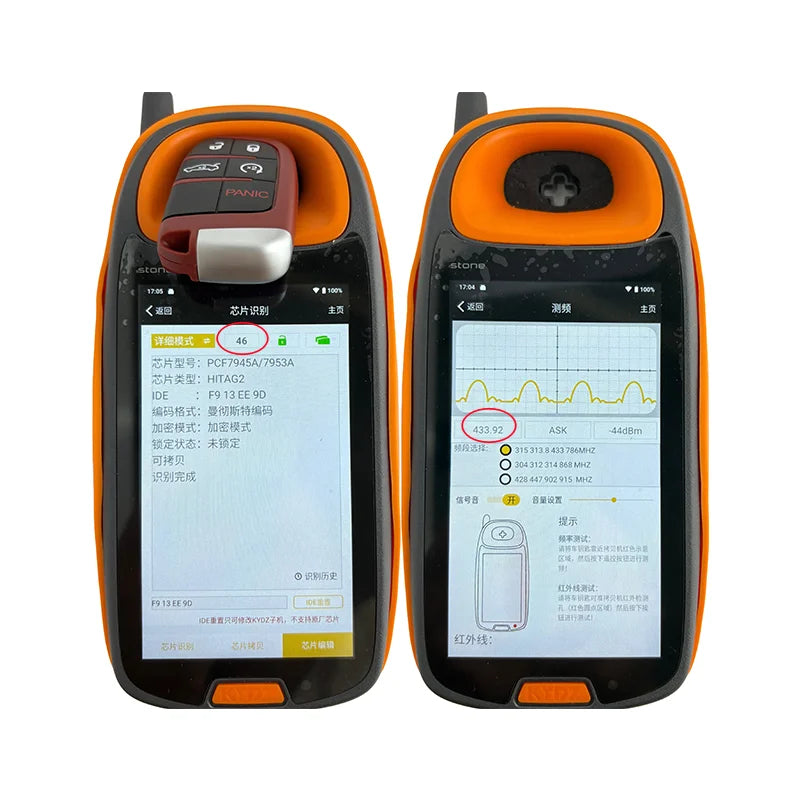 Orange smart key fob with five buttons for Dodge, Chrysler, and Jeep vehicles