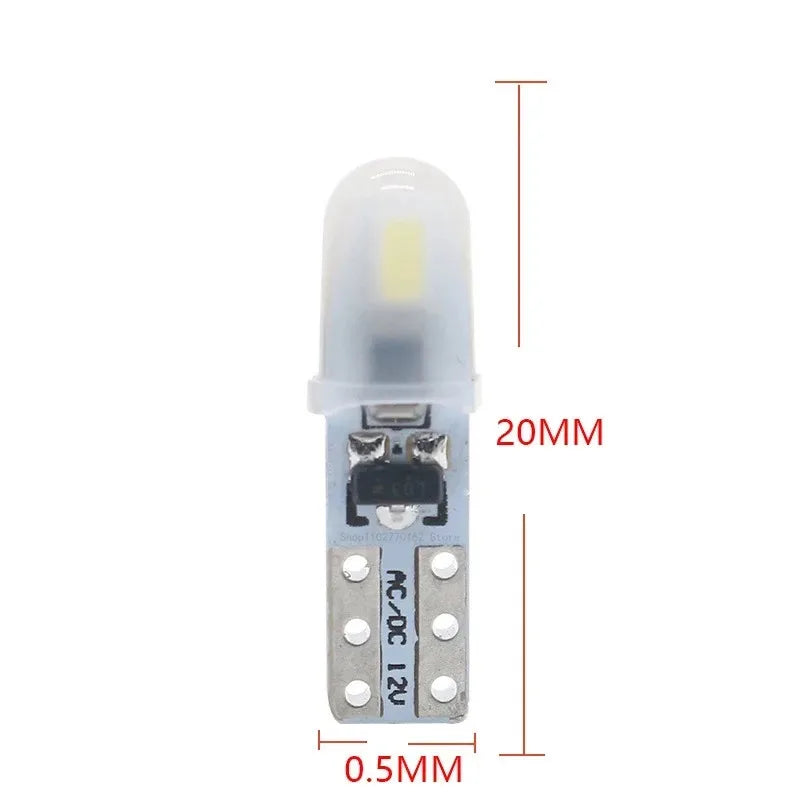 A white T5 LED bulb with a plastic base and silver contacts, shown with dimension lines.