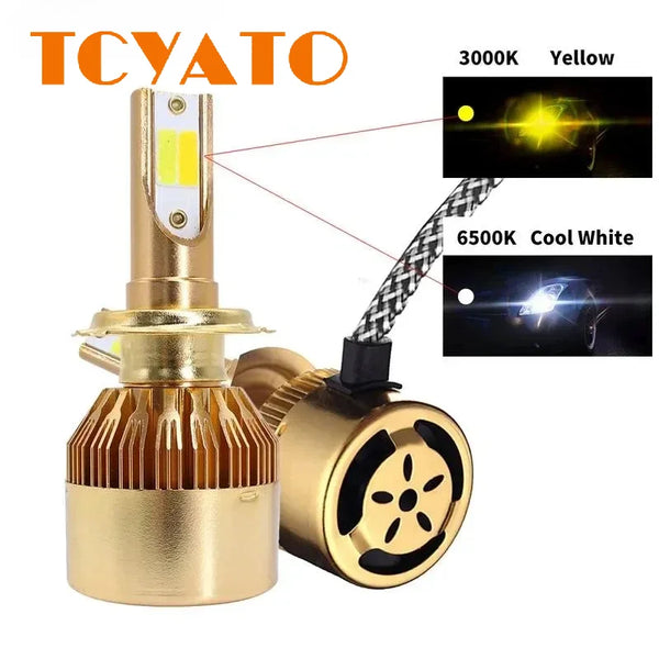 A gold-colored car LED headlight bulb with a yellow light and a cool white light shown alongside its components.