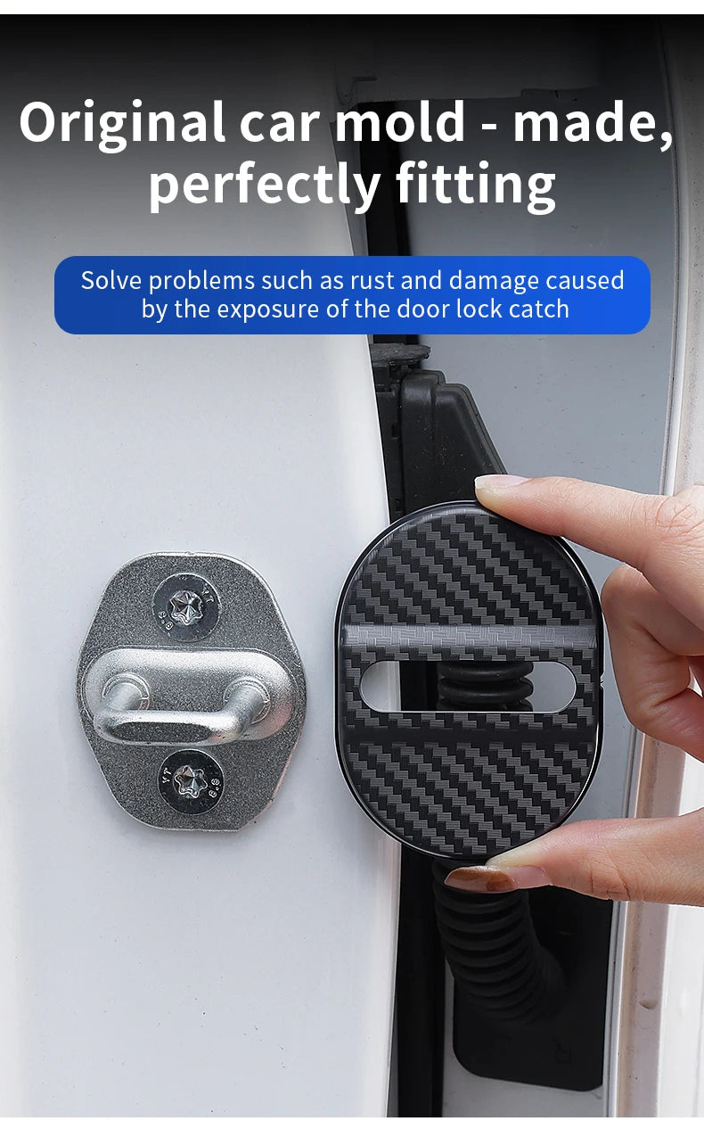 A close-up of a carbon fiber car door lock protector cover being installed on a vehicle door.