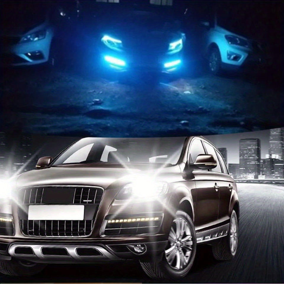 Gros plan d'un SUV de luxe brun foncé avec des feux de jour LED brillants éclairant l'avant.
