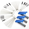 A set of metal tools for carburetor cleaning and maintenance, featuring various wire and blade attachments.