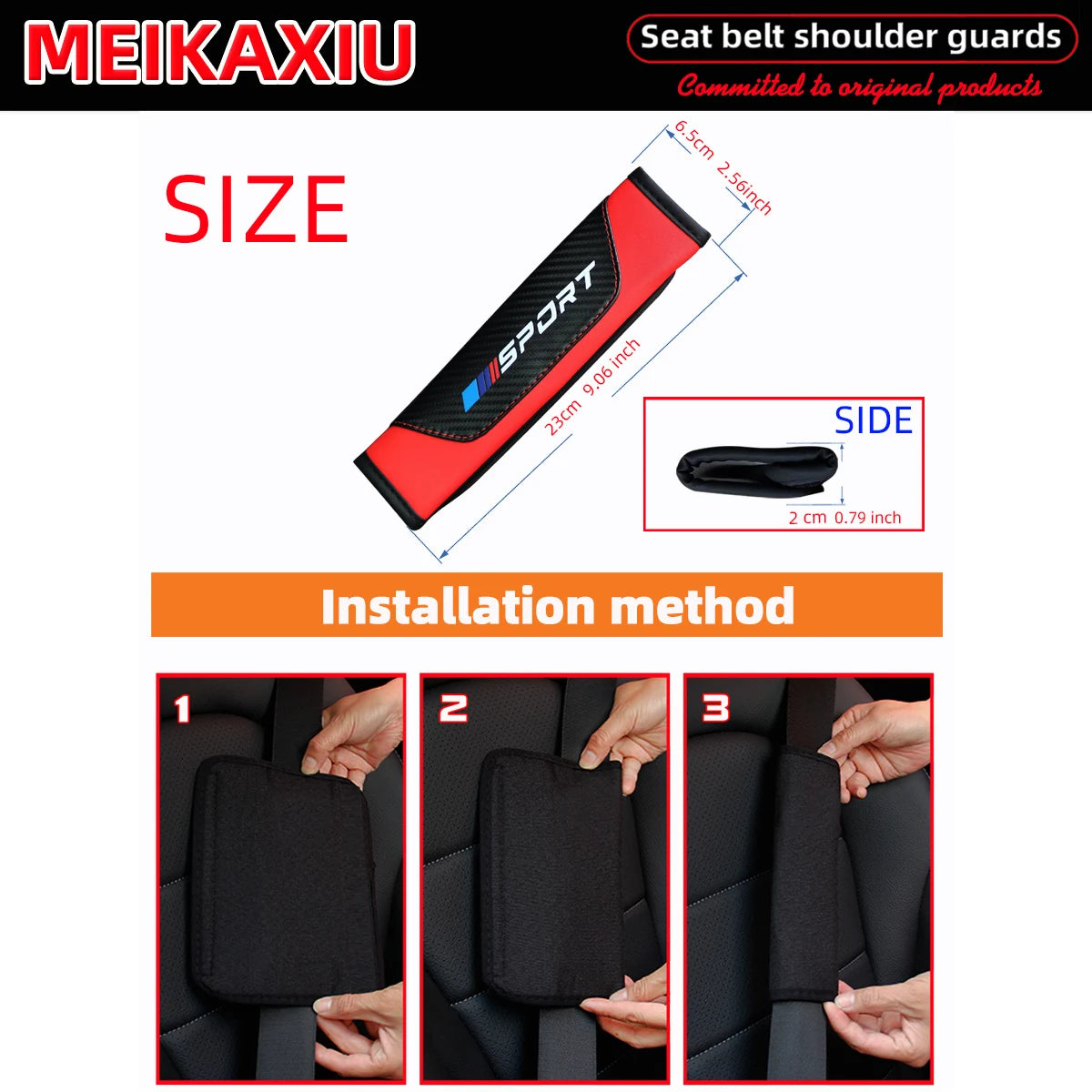 Black seat belt shoulder guards for car seats shown with installation methods.