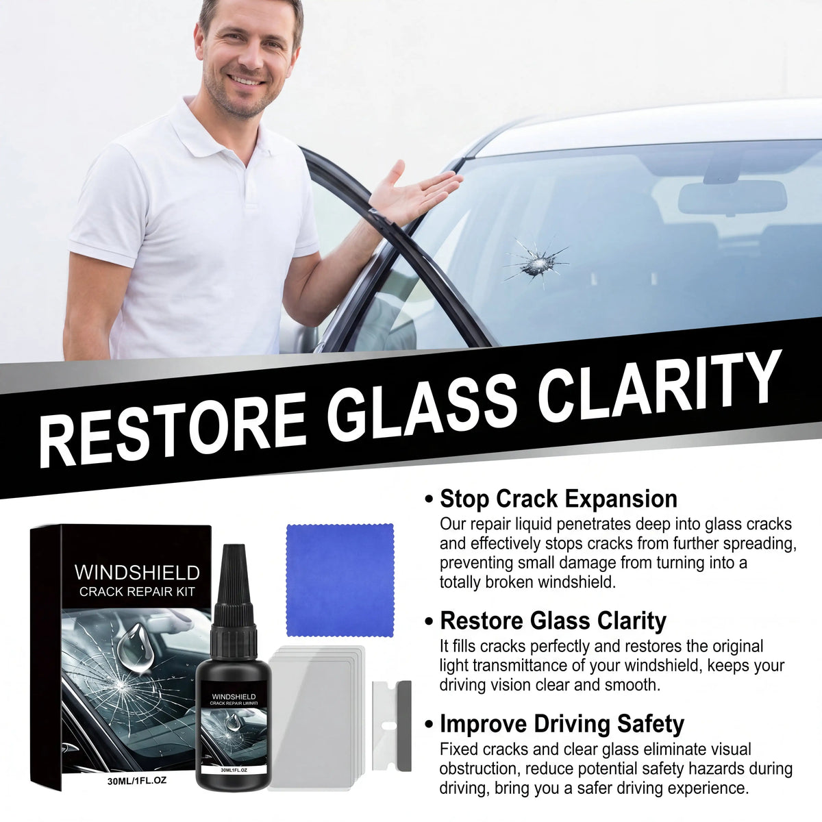 A man demonstrates a windshield crack repair kit designed to restore glass clarity and improve driving safety.