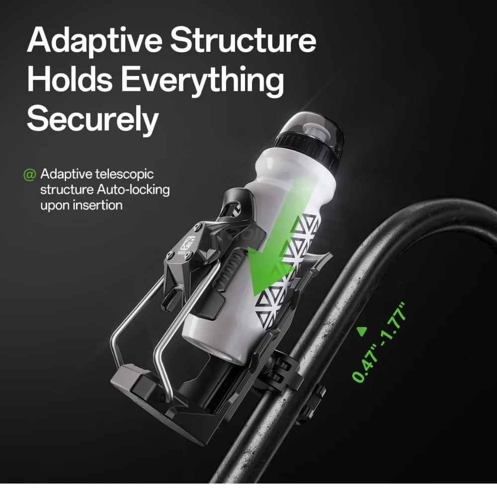 Adaptive teleskopische Struktur mit automatischem Verriegelungsmechanismus für einen Motorradgetränkehalter.