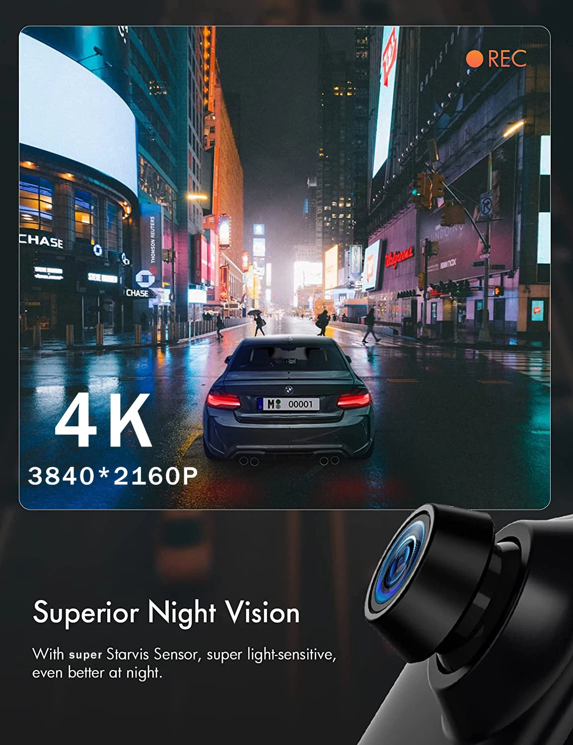 A 4K dash cam is shown mounted on a vehicle, capturing a nighttime city street scene with bright lights and reflections.