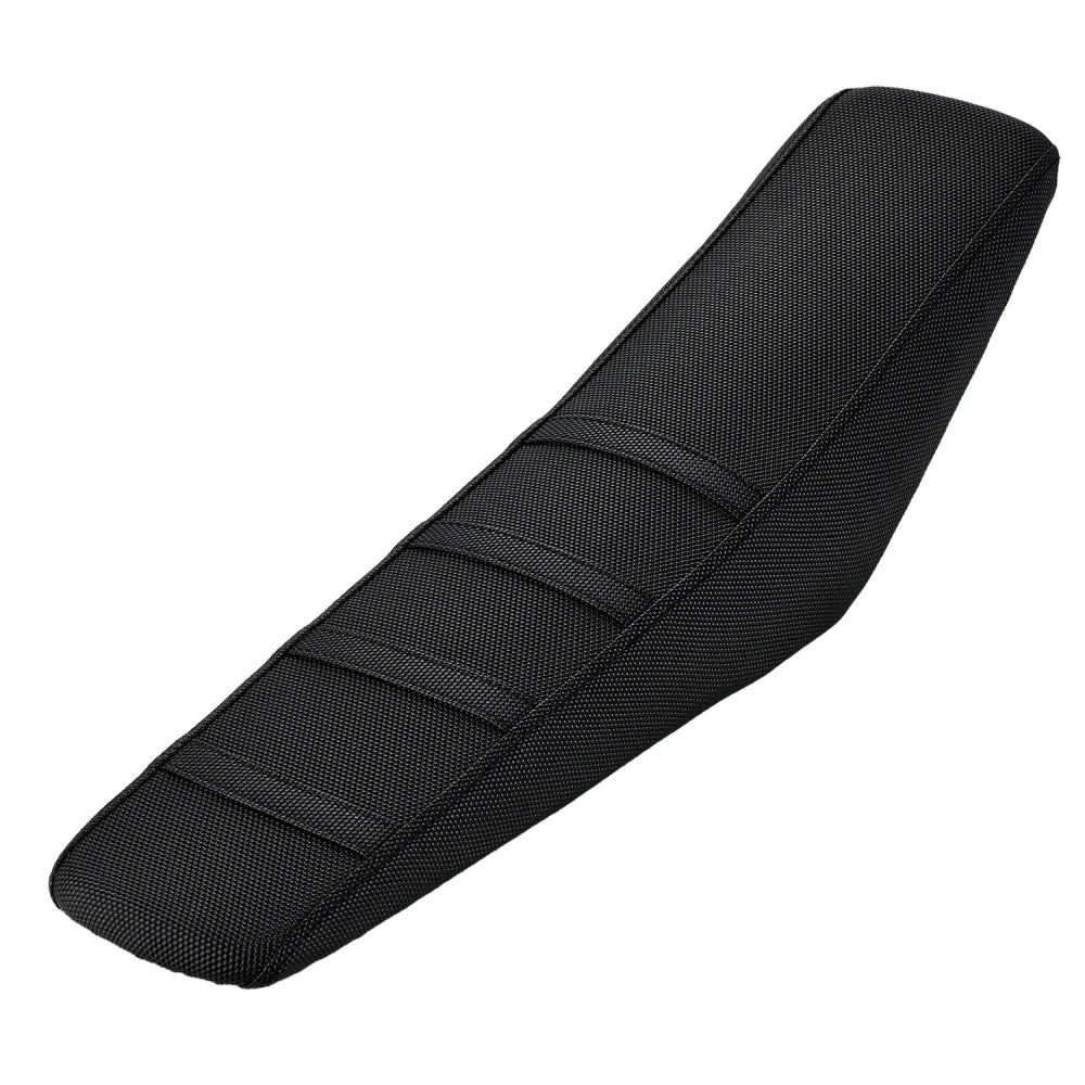 Black motorcycle seat cover protector with ribbed texture.