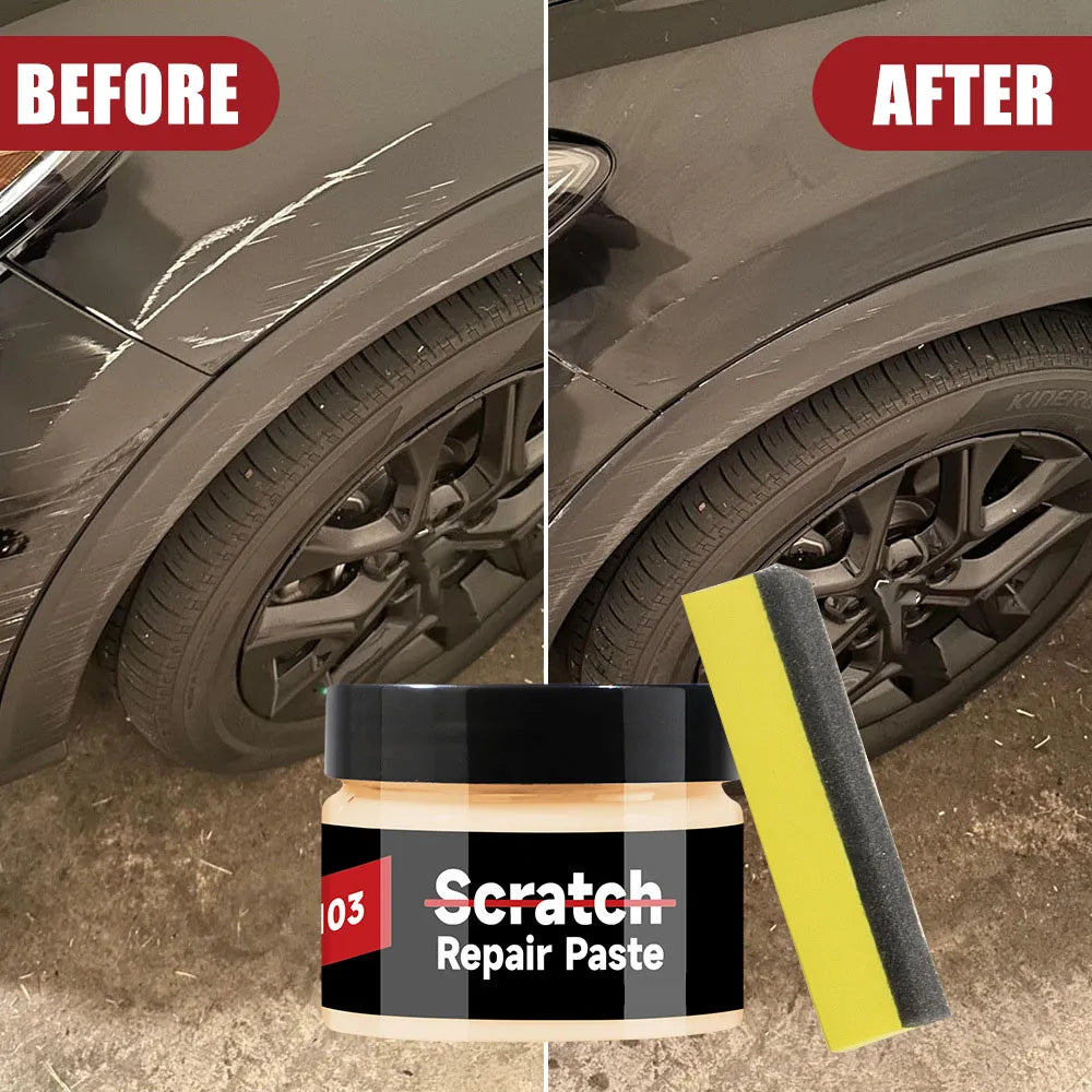 Before and after comparison of a car scratch repair paste product on a tire.