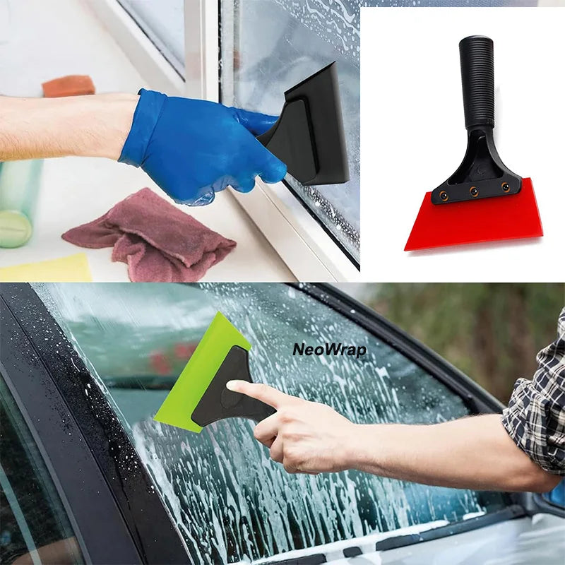 A hand uses a black squeegee to clean a car window, demonstrating the use of a NeoWrap product.