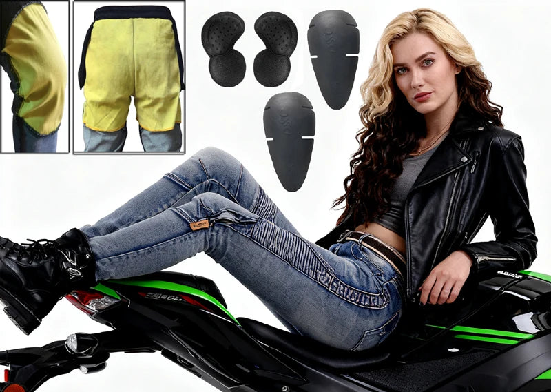 A woman sits on a motorcycle with an all-season cover, showing the cover and its components.