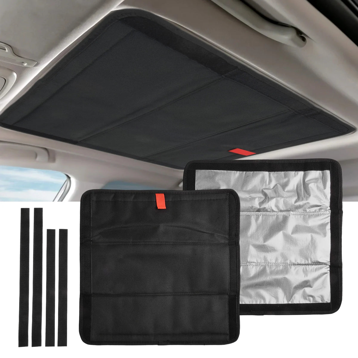 Pare-soleil en aluminium pliable noir installé à l'intérieur d'un véhicule ou d'un camping-car.