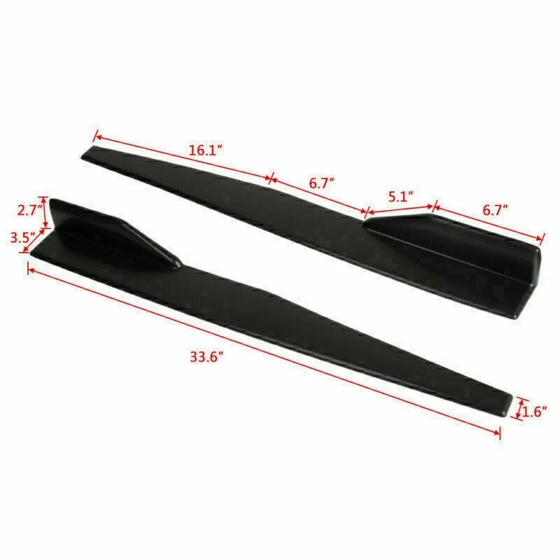 Black universal front bumper lip and side skirt kit with various measurements shown.