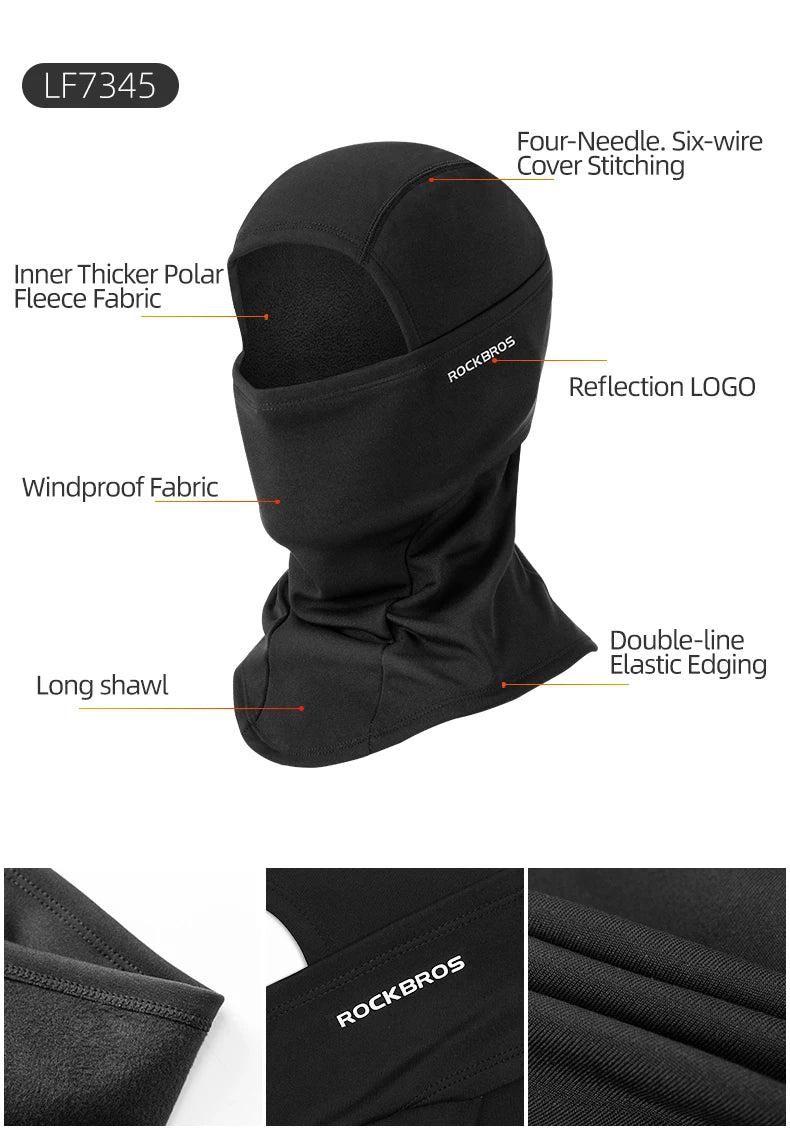 Black thermal fleece balaclava featuring four-needle stitching, windproof fabric, and a double-line elastic edging.