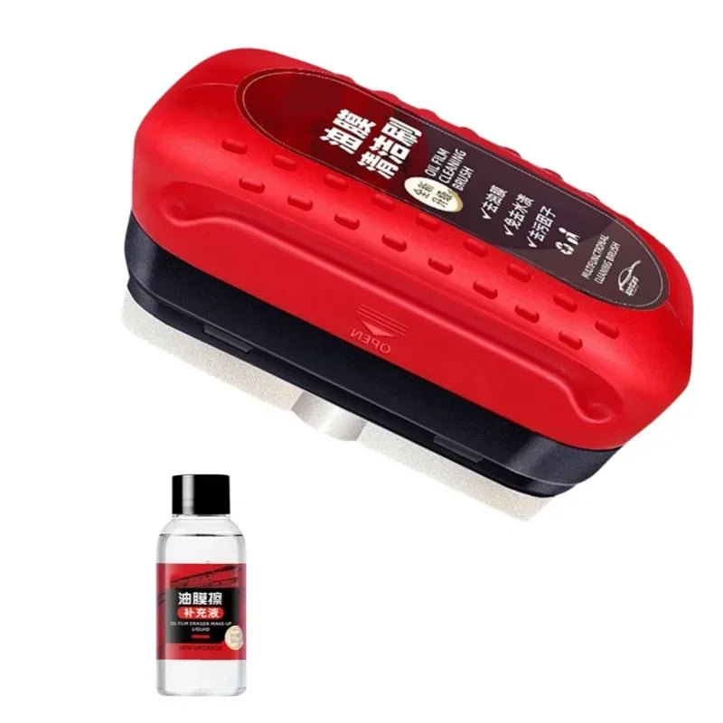 A red and black professional windshield cleaning brush set with various cleaning tools.