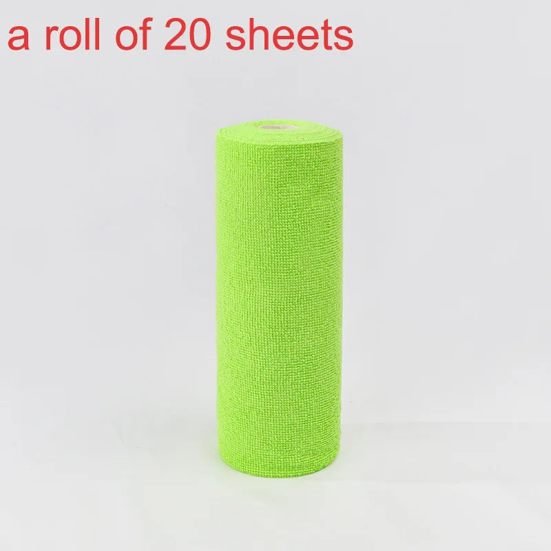 A roll of 20 green microfiber cleaning towels.