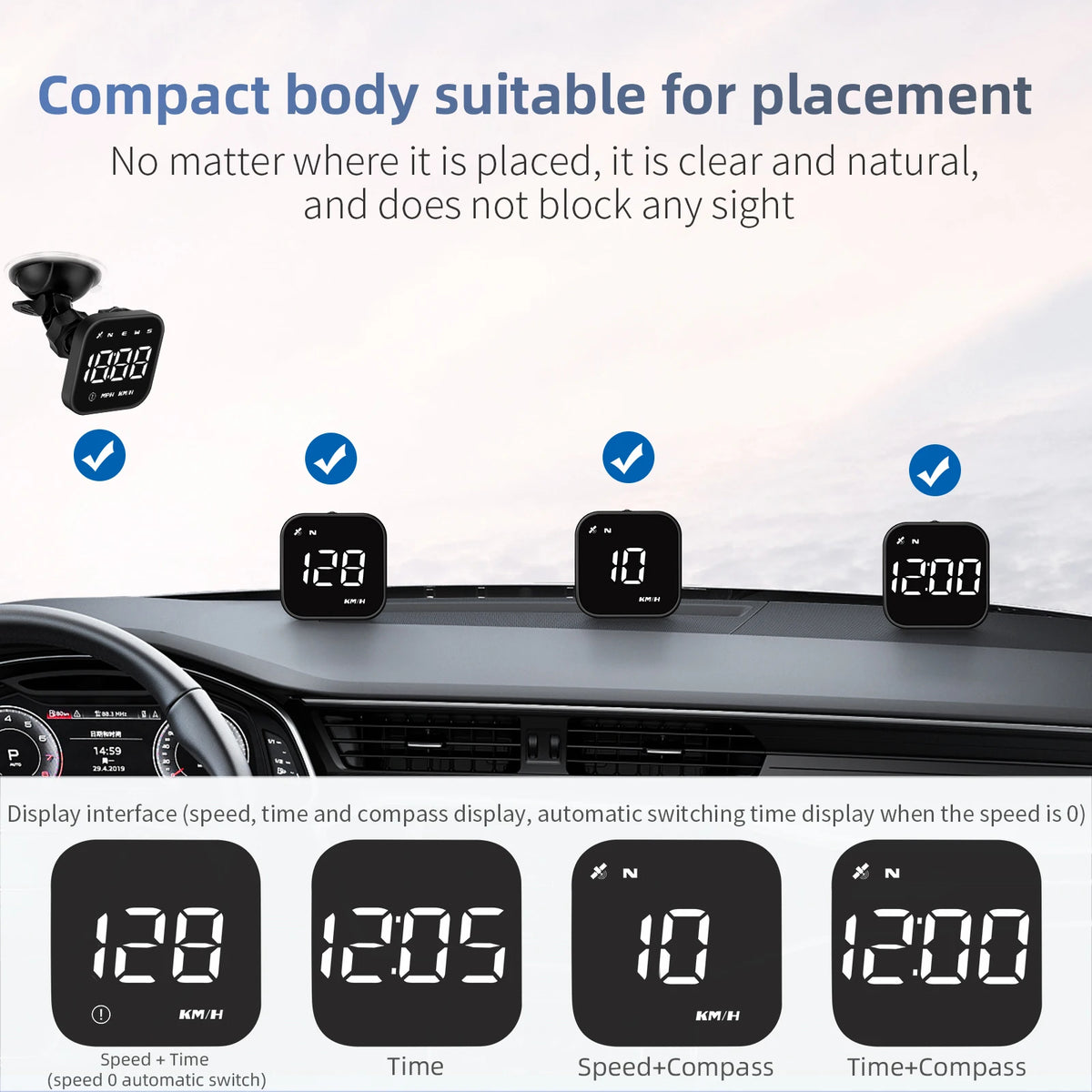 Compact GPS smart gauge head-up display showing various driving information on a car dashboard.