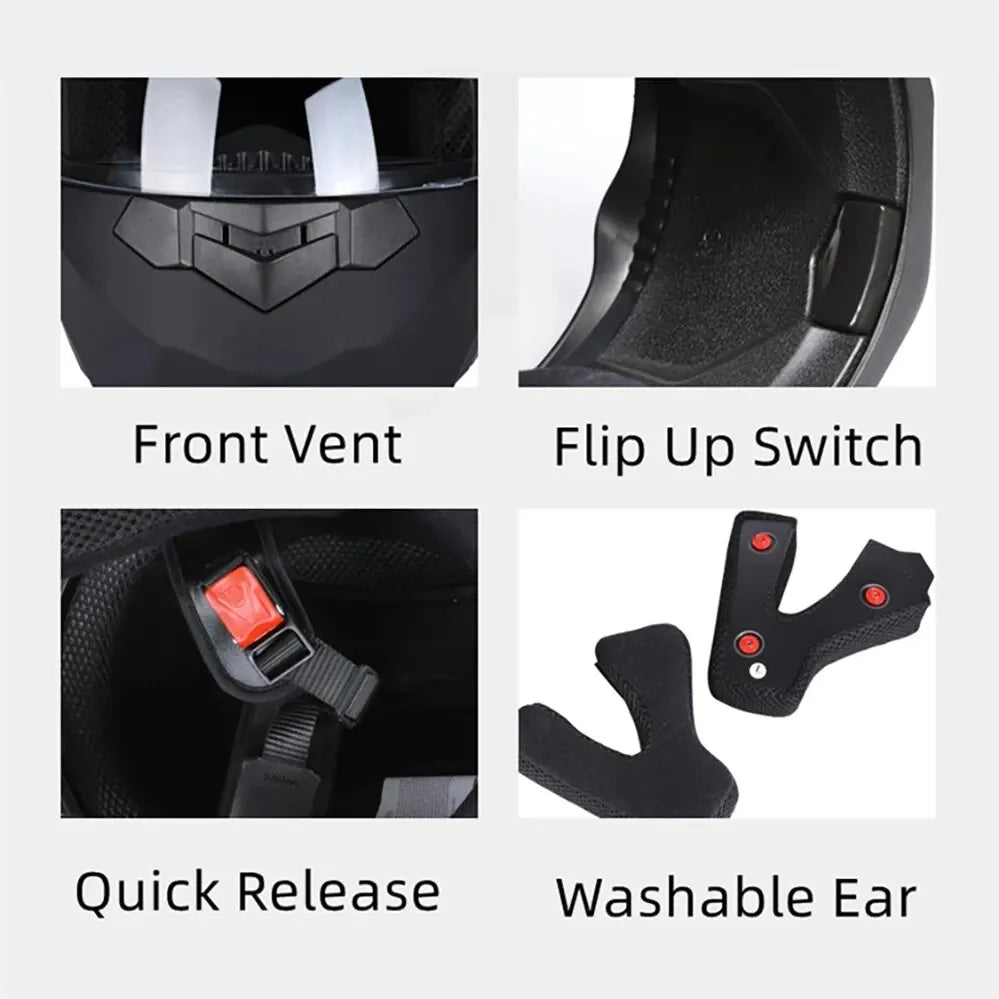 Features of a motorcycle helmet including a front vent, flip up switch, quick release, and washable ear pads.