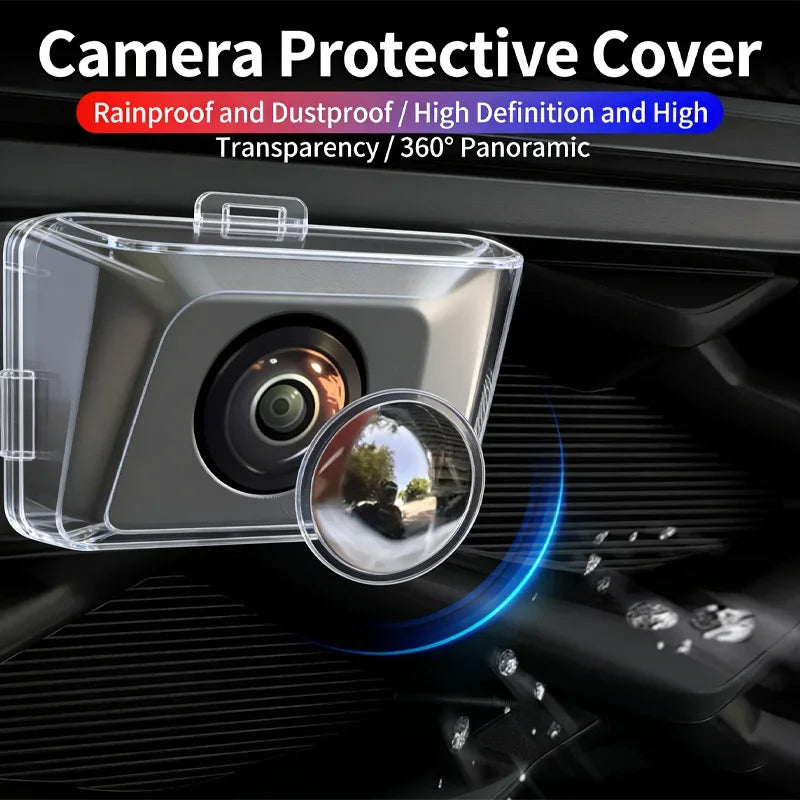 A clear protective cover for a car camera is shown, highlighting its waterproof and high-definition features.